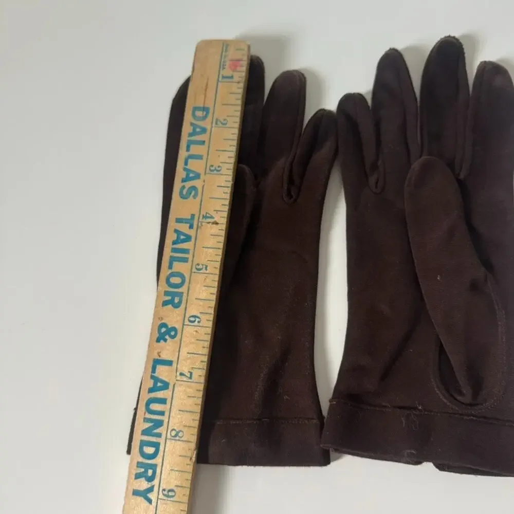 Vintage Brown Dress Gloves Double Woven Fabric with Button Women Size Small